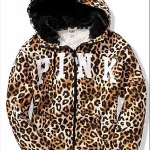VS Pink faux fur leopard cheetah hoodie XL rare